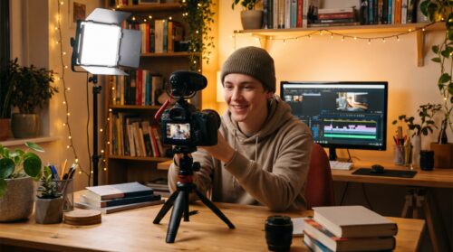 Creador grabando un vídeo para su canal de YouTube en un estudio casero