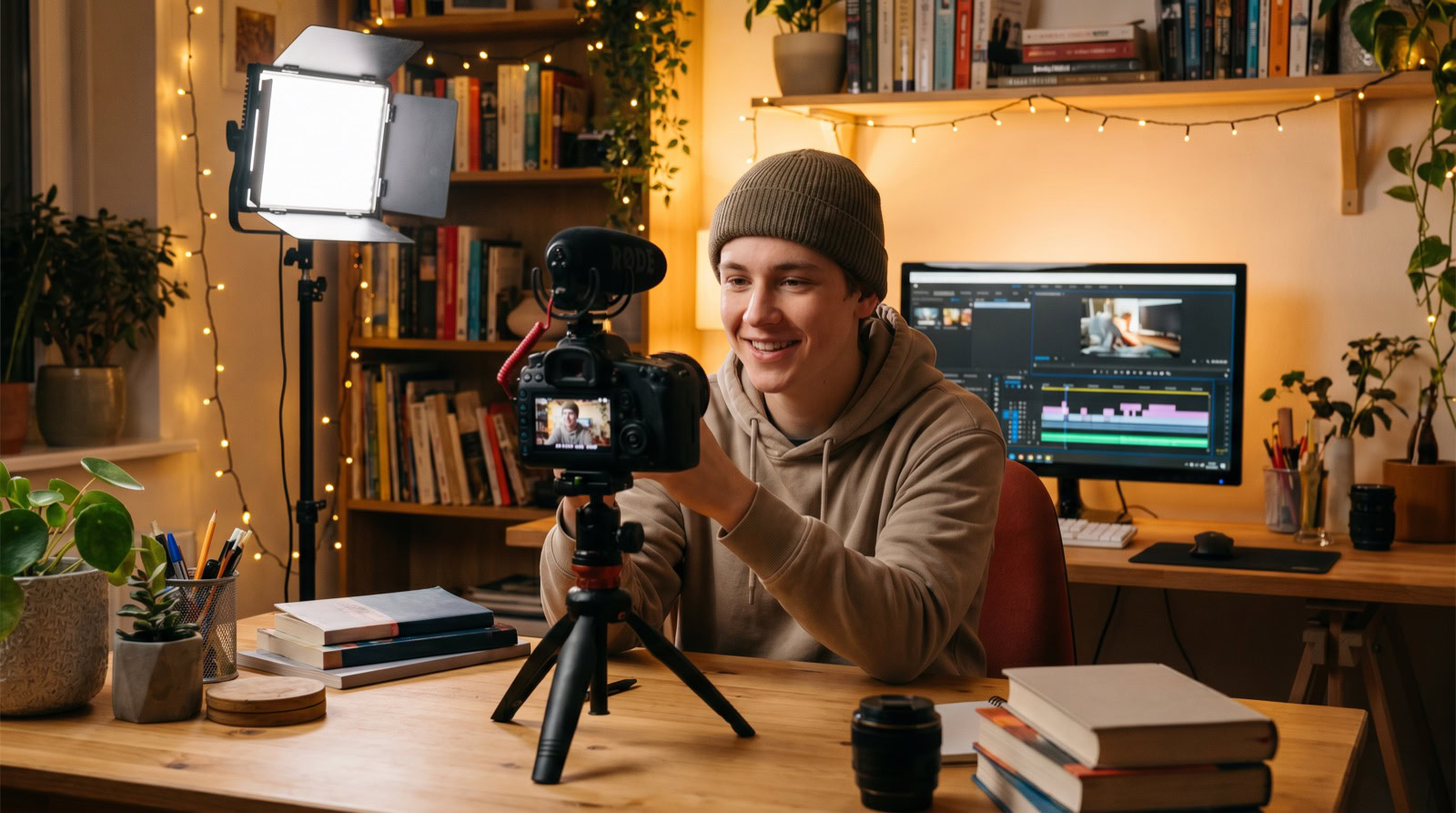 Creador grabando un vídeo para su canal de YouTube en un estudio casero