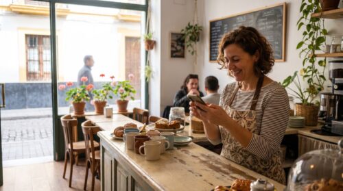Dueña de un pequeño negocio local gestionando las redes sociales de su cafetería desde el móvil