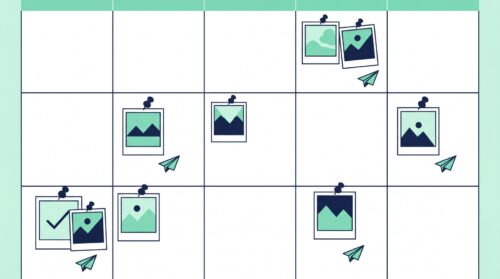 Ilustracion plana de un calendario mensual con publicaciones de Instagram programadas en varios dias