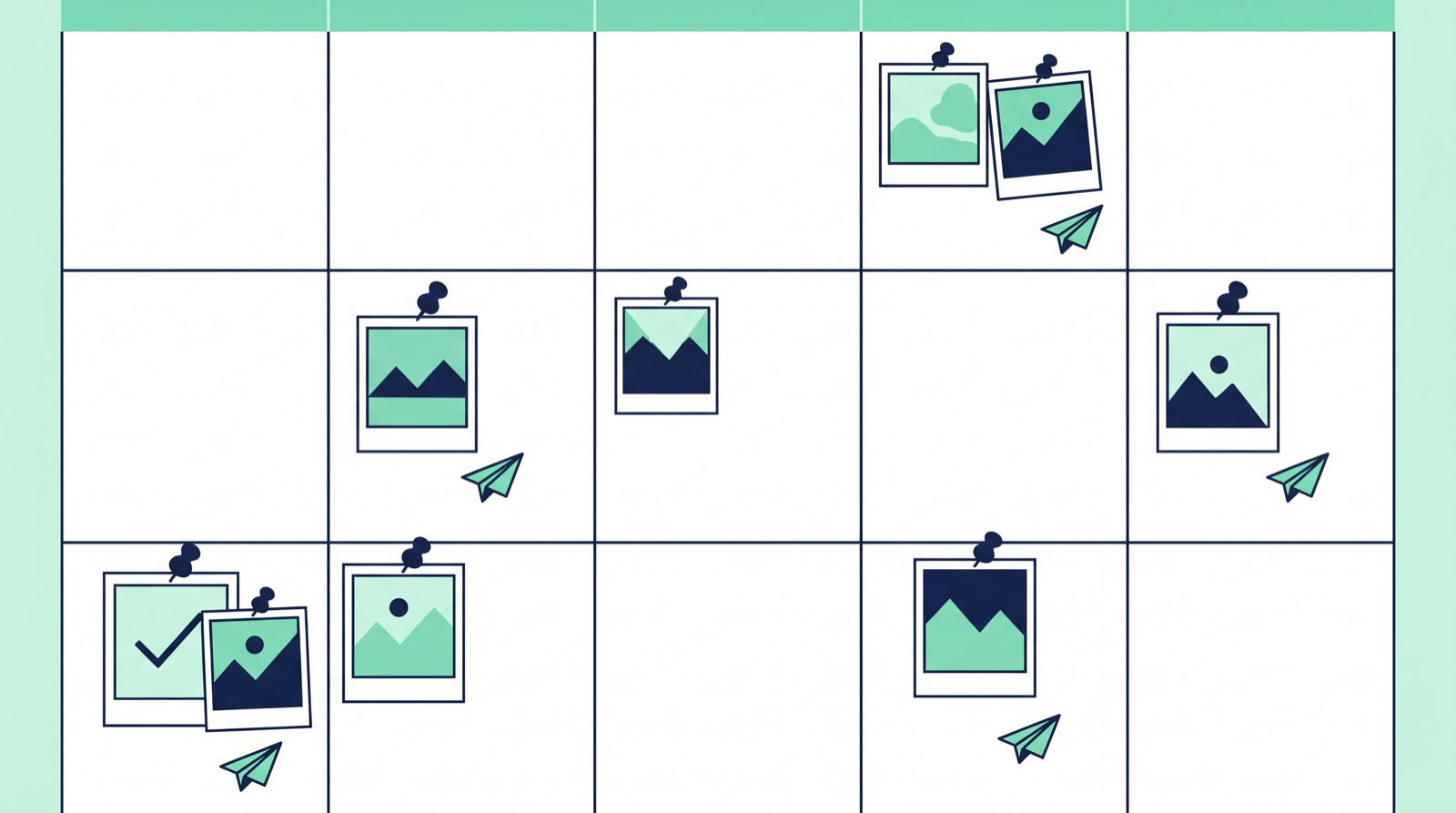 Ilustracion plana de un calendario mensual con publicaciones de Instagram programadas en varios dias