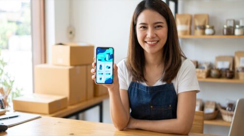 Dueña de un negocio mostrando una historia de Facebook de su página de empresa en el móvil