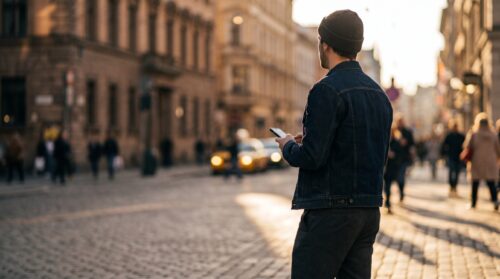 Chico con estilo mirando el móvil en una calle urbana al atardecer, frases para Instagram de chicos