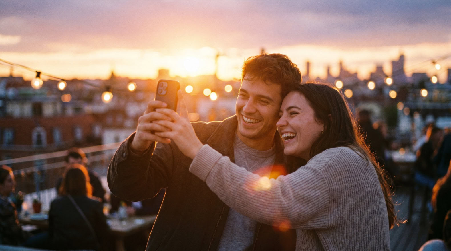 Pareja haciéndose un selfie al atardecer para publicarlo con frases para parejas en Instagram