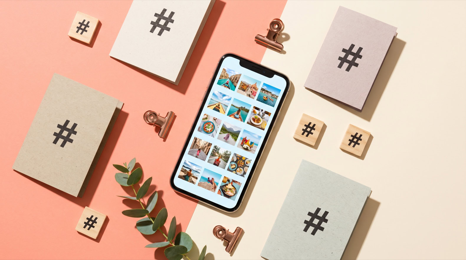 Móvil con una cuadrícula de fotos de viajes y comida junto a fichas de hashtag, hashtags para Reels y TikTok