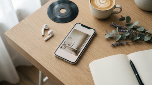 Frases de canciones para Instagram: móvil, vinilo, auriculares y café sobre una mesa de madera