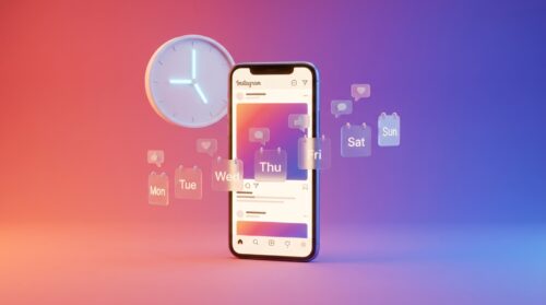 Movil con Instagram, un reloj y tarjetas de los dias de la semana indicando la mejor hora para publicar