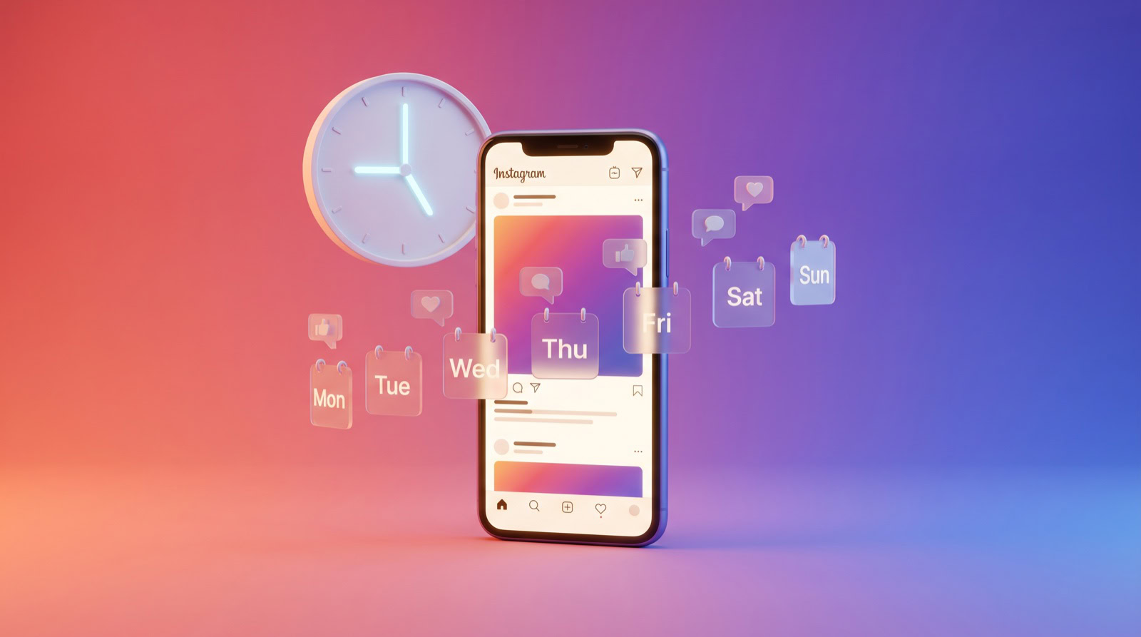 Movil con Instagram, un reloj y tarjetas de los dias de la semana indicando la mejor hora para publicar