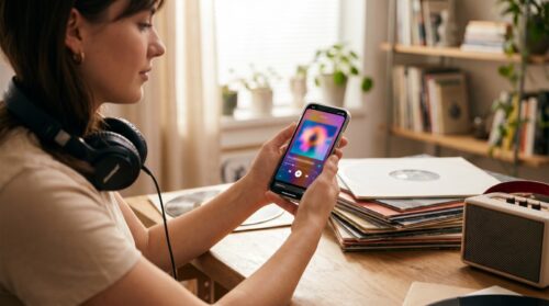Chica con auriculares eligiendo la canción para poner música en una historia de Instagram