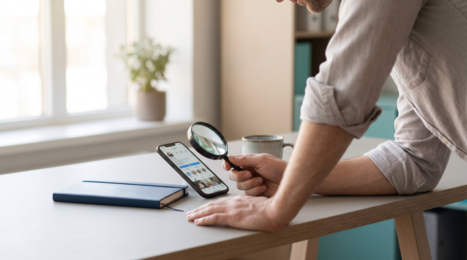 Persona examinando con lupa un perfil de Instagram para saber si los seguidores son reales