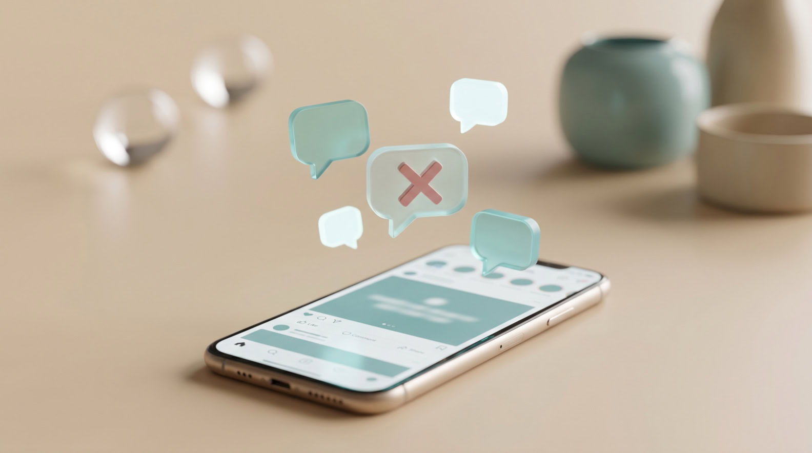 Móvil con burbujas de comentarios y una tachada, cómo desactivar los comentarios en Instagram