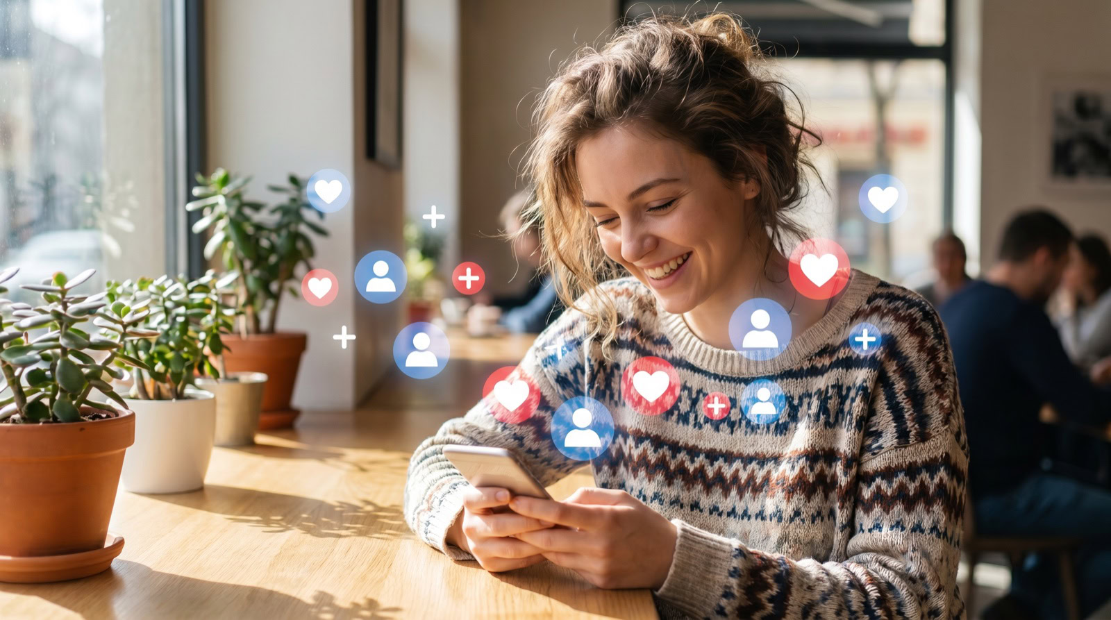 Chica sonriendo al móvil rodeada de notificaciones de nuevos seguidores y me gusta en Instagram