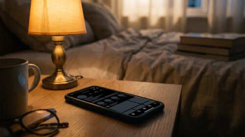 Móvil con Instagram en modo oscuro sobre una mesilla de noche junto a una lámpara