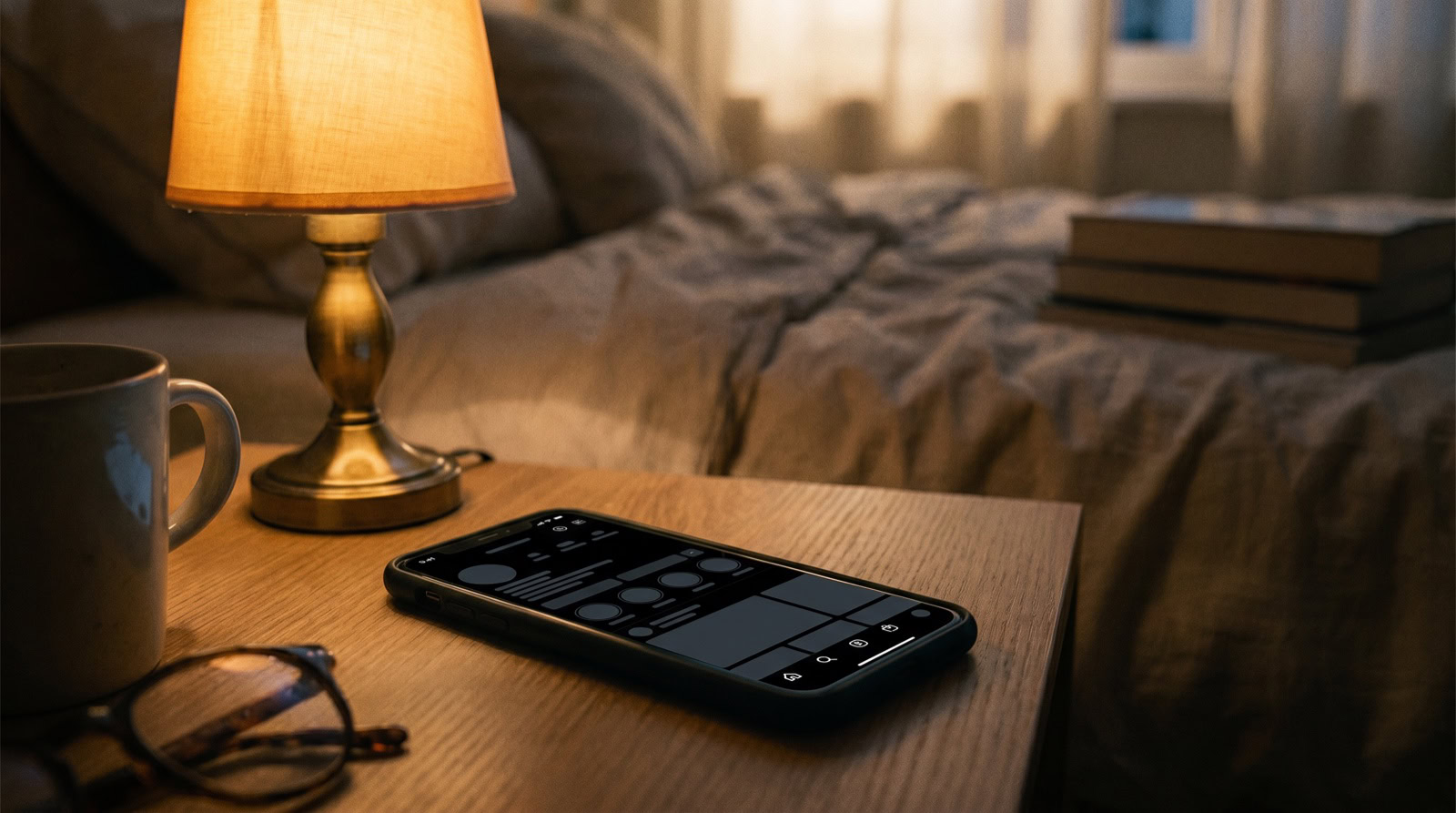 Móvil con Instagram en modo oscuro sobre una mesilla de noche junto a una lámpara