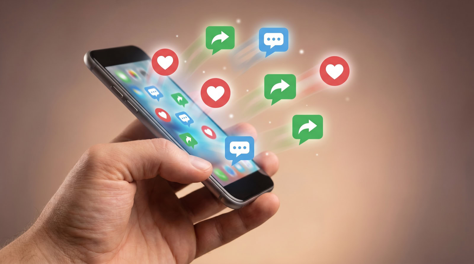 Qué es el engagement en redes sociales: iconos de me gusta y comentarios saliendo de un móvil