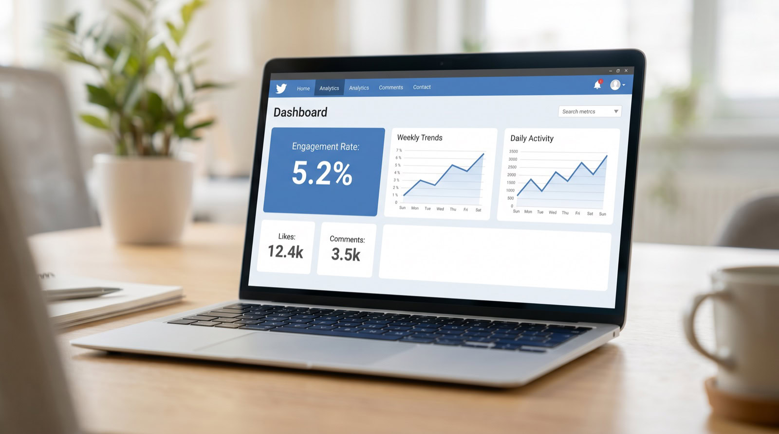 Panel de métricas con la tasa de engagement, me gusta y comentarios en redes sociales
