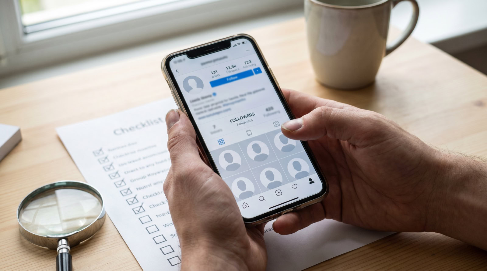 Persona comparando con lupa y checklist cómo elegir un paquete de seguidores en el móvil
