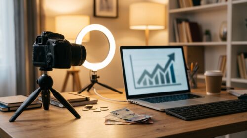 Estudio de creador de YouTube con cámara y gráfica de ingresos, cuánto paga YouTube por las visitas