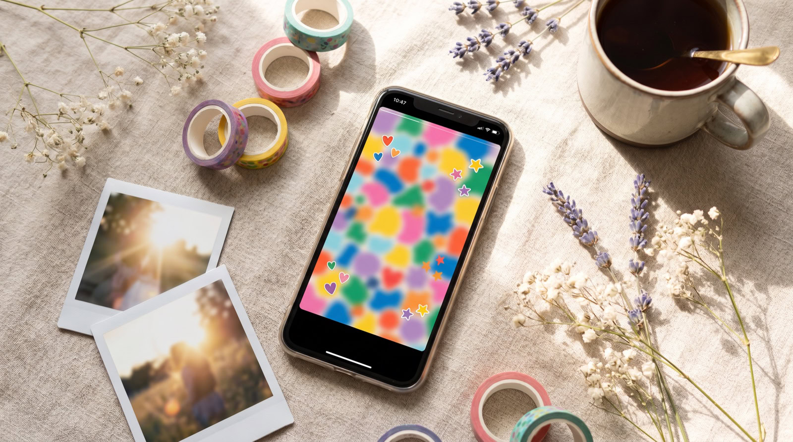 Móvil con una historia colorida de Instagram rodeado de fotos y material creativo, trucos para historias atractivas