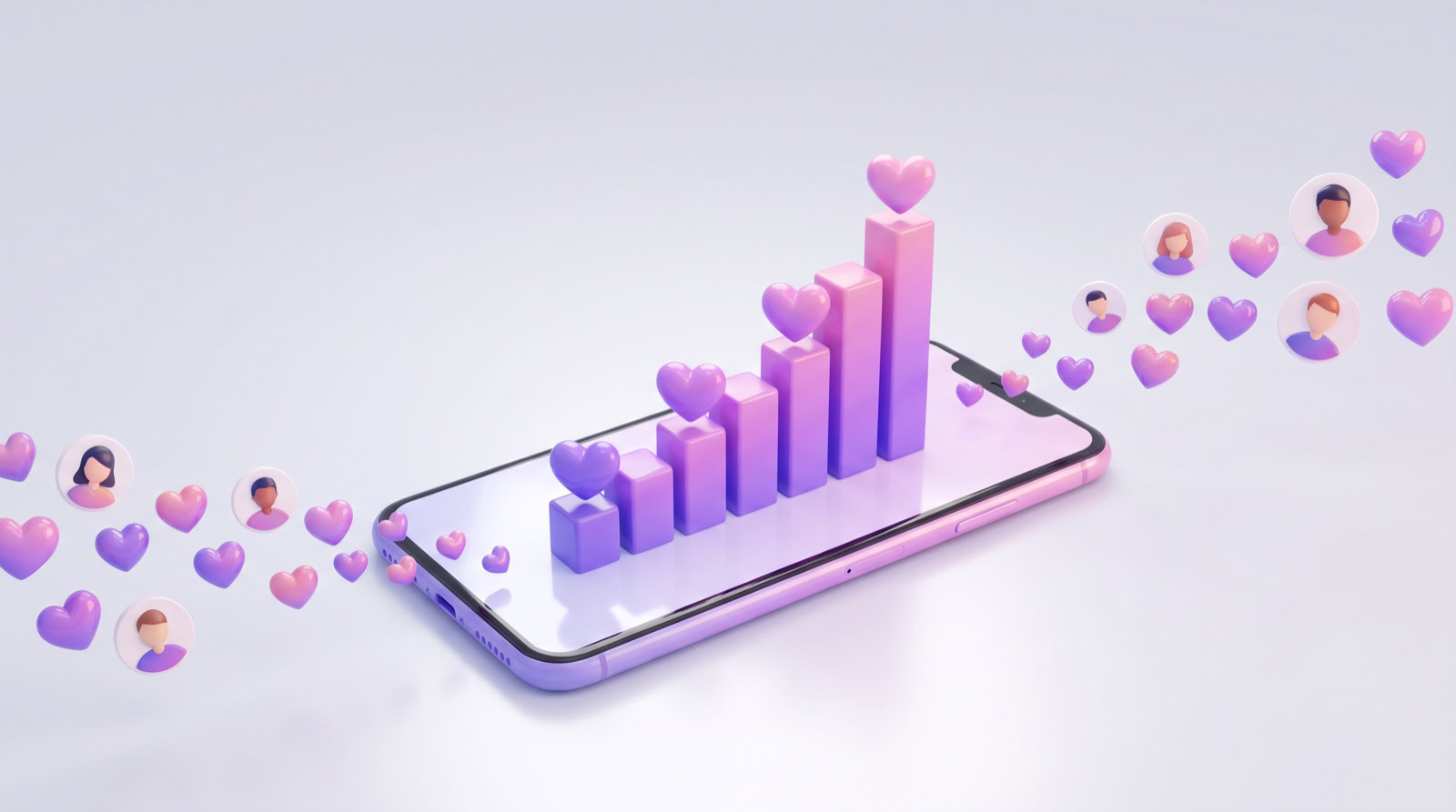 Crecimiento de seguidores en Instagram con gráfico ascendente, corazones y nuevos seguidores