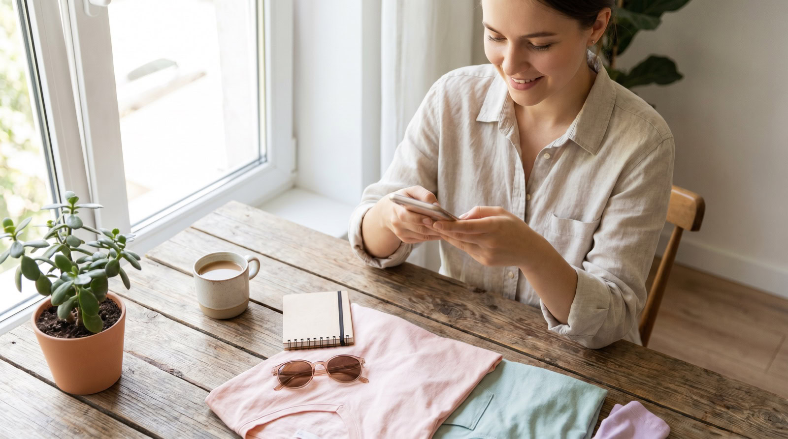 Mujer creando contenido para Instagram fotografiando productos con el móvil para conseguir seguidores