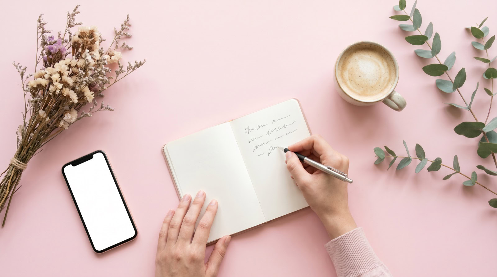 Móvil, cuaderno y café en una mesa para anotar frases para publicaciones de Instagram