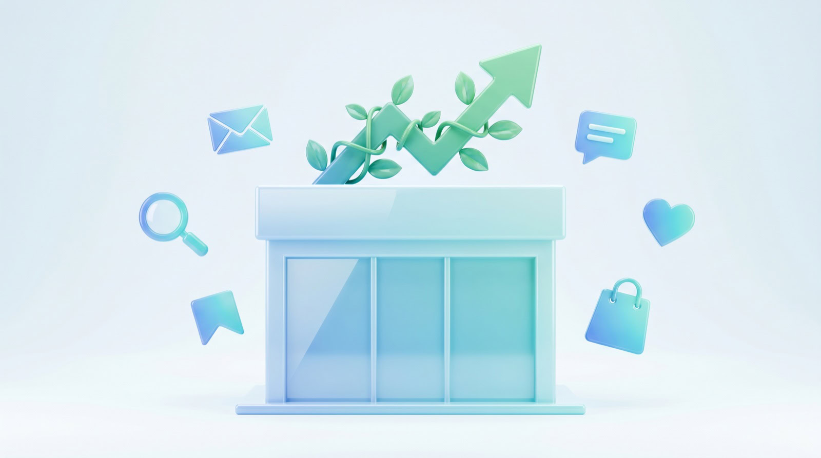 Crecimiento de un negocio al invertir en marketing digital, con flecha ascendente e iconos de canales