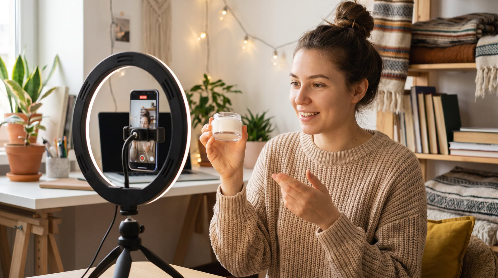 Creadora de contenido grabando una reseña de producto para una campaña de marketing de influencers