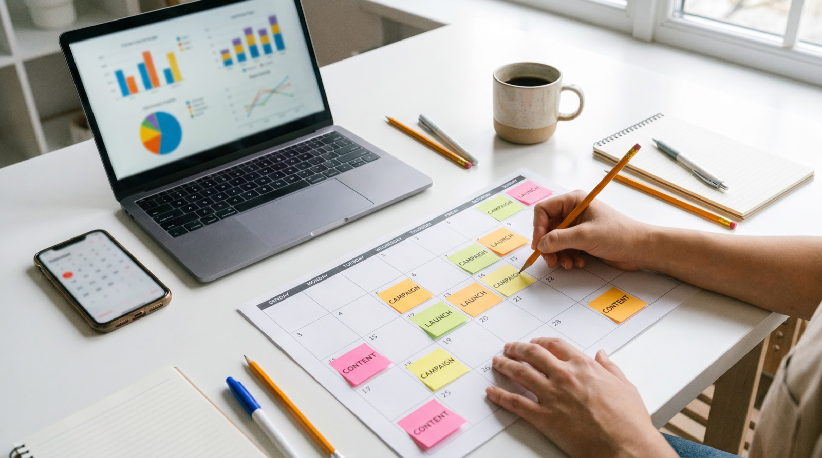 Plan de marketing digital con calendario de contenidos y analíticas para una pequeña empresa